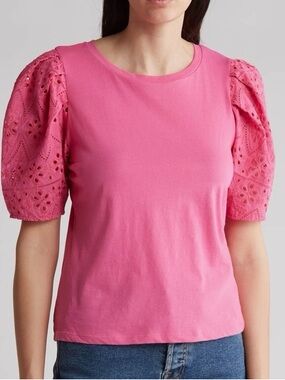 Women’s Pink Puff Sleeve Eyelet Tee